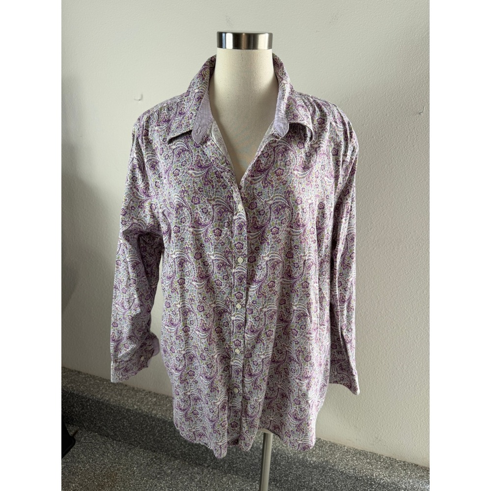 Chaps Womens Plus 2X Purple Paisley No Iron Cotton Button Up Shirt Gingham Trim